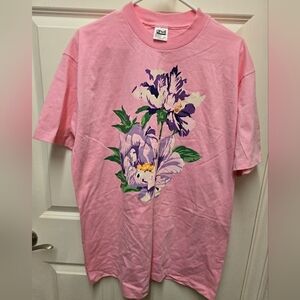 Vintage 1980s Anvil Floral Print Pink Women Shirt XL